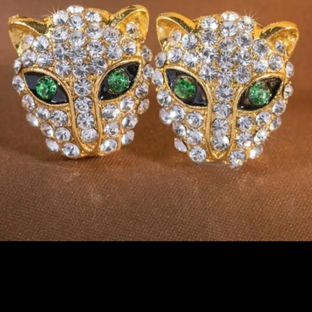 PANTHER 1 IN STUDS WHITE TOPAZ / CHROME EYES 14k gold plated new
